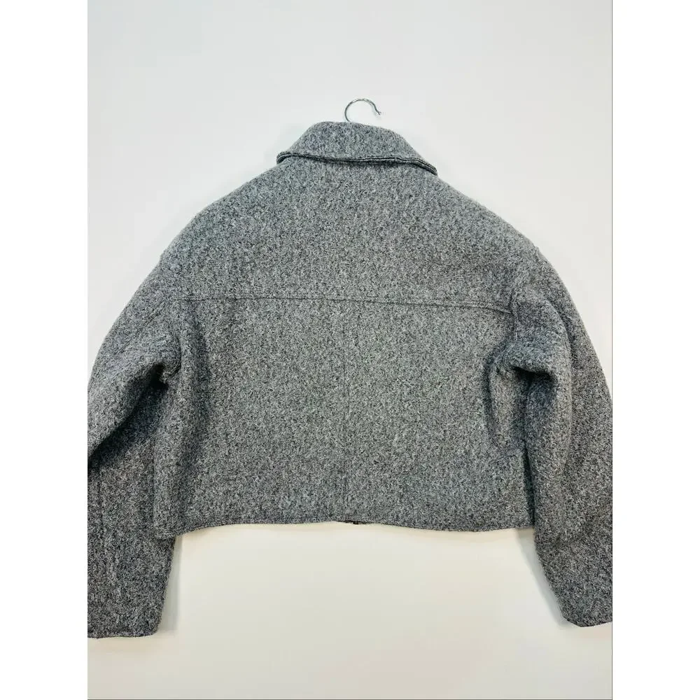 Zara Boucle Cropped Zip Front Jacket in Charcoal Gray Textured Fabric